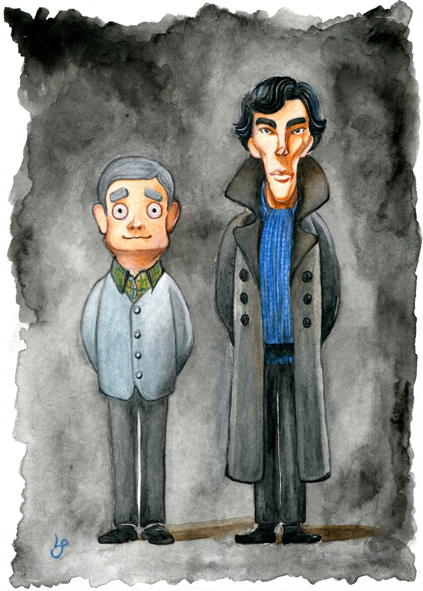 absurdres artist_request black_hair coat grey_hair highres john_hamish_watson multiple_boys scarf sherlock_(bbc) sherlock_holmes_(sherlock) traditional_media