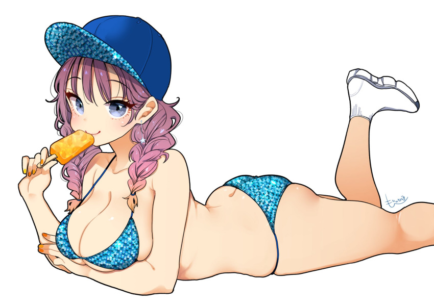 ass back baseball_cap bikini blue_bikini braid breasts butt_crack cleavage collarbone earrings food grey_eyes hat highres jewelry large_breasts long_hair looking_at_viewer lying mojarin_(kihara_mojarin) nail_polish on_stomach orange_nails original popsicle purple_hair simple_background smile socks solo swimsuit twin_braids white_background