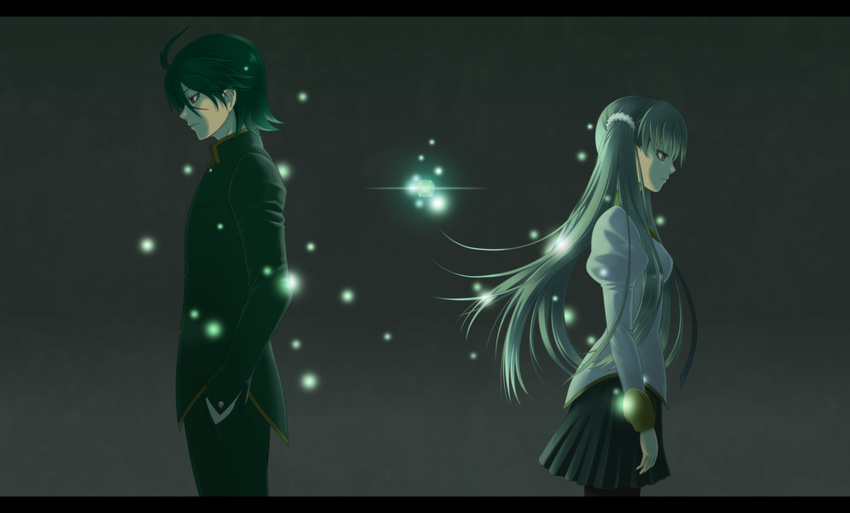 1girl ahoge araragi_koyomi back-to-back backlighting bangs black_legwear black_skirt closed_mouth cube from_side frown gakuran glowing green_hair grey_background grey_hair hair_ornament hair_scrunchie hand_in_pocket highres juliet_sleeves letterboxed long_hair long_sleeves mc-4 miniskirt monogatari_(series) oikura_sodachi pants pantyhose pleated_skirt puffy_sleeves school_uniform scrunchie silver_hair skirt twintails very_long_hair