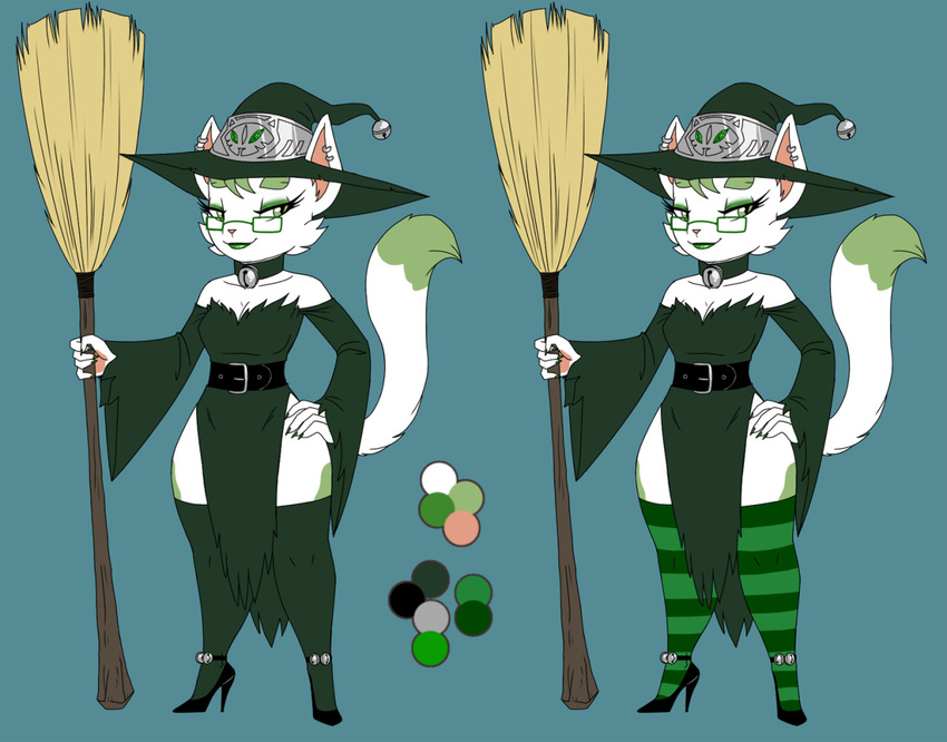 anthro bell broom choker clothed clothing collar crovirus ear_piercing eyelashes eyeshadow feline female hand_on_hip hat high_heels lipstick magic_user makeup mammal model_sheet piercing simple_background wide_hips witch witch_hat