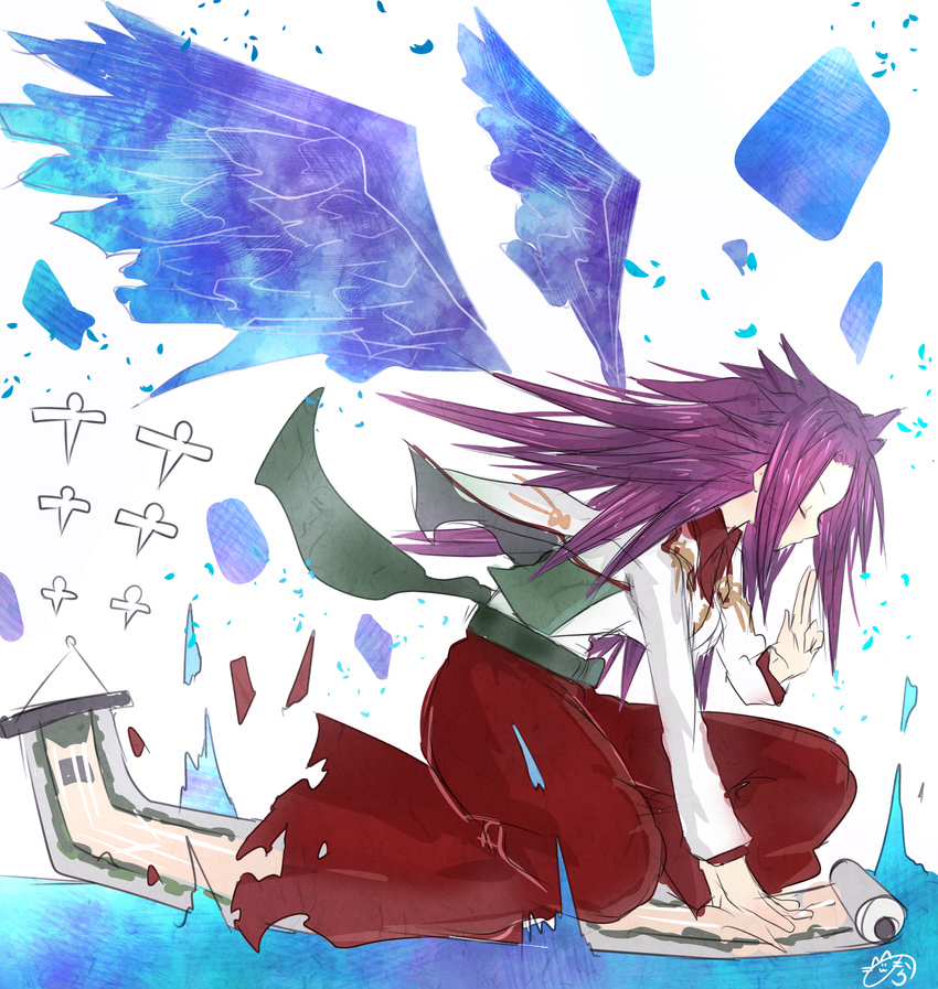 aircraft airplane blouse breasts closed_eyes hakama highres invocation japanese_clothes jun'you_(kantai_collection) kantai_collection long_hair magatama medium_breasts nora_(salatto) onmyouji paper_airplane purple_hair red_hakama remodel_(kantai_collection) scroll shikigami solo spiked_hair vest water wings