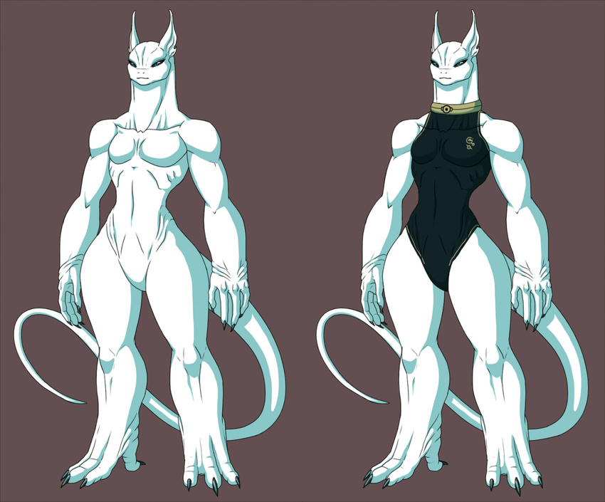 anthro claws crovirus digitigrade featureless_crotch female monokini muscular muscular_female nude simple_background unknown_species wide_hips