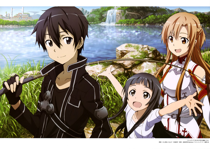 2girls absurdres asuna_(sao) black_eyes black_gloves black_hair brown_eyes brown_hair day detached_sleeves fingerless_gloves gloves highres kirito lake long_hair multiple_girls open_mouth outdoors smile sword_art_online water waterfall yui_(sao)