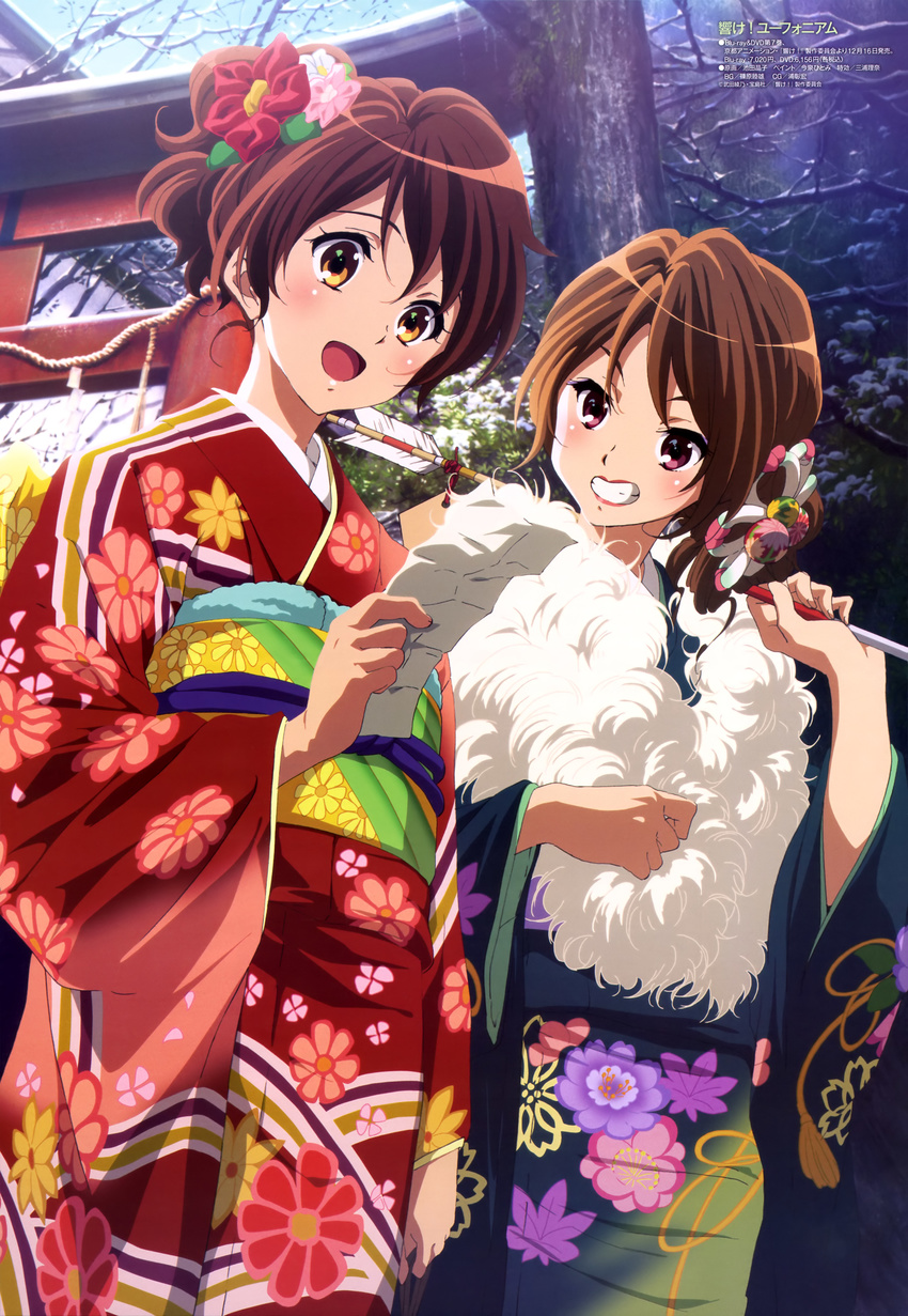 :d absurdres arrow brown_eyes brown_hair ema floral_print flower hair_flower hair_ornament hamaya hibike!_euphonium highres holding holding_paper ikeda_shouko japanese_clothes kimono multiple_girls new_year official_art omikuji open_mouth oumae_kumiko oumae_mamiko outdoors paper siblings sisters smile standing