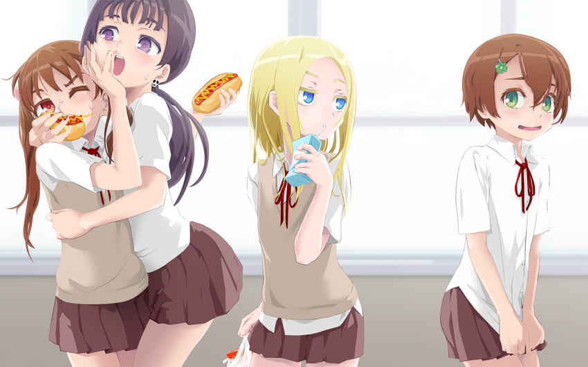 3girls bag black_hair blonde_hair blue_eyes blush brother_and_sister brown_hair commentary_request crossdressing drinking drinking_straw earrings feeding force_feeding green_eyes hair_ornament hand_on_another's_face height_difference highres hot_dog hug jewelry juice_box long_hair looking_at_another looking_back multiple_girls one_eye_closed open_mouth original otoko_no_ko pleated_skirt ponytail purple_eyes pushing_away red_eyes ribbon school_uniform short_hair siblings skirt skirt_tug skull_earrings smile sweatdrop sweater_vest twintails uniform window yuki18r
