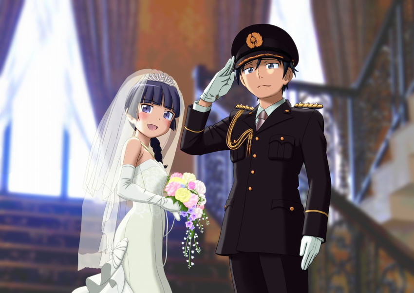 1girl bad_id bad_pixiv_id black_eyes black_hair bouquet braid bridal_veil couple dress elbow_gloves flower gloves gokou_ruri hat hetero kousaka_kyousuke long_hair mole mole_under_eye ore_no_imouto_ga_konna_ni_kawaii_wake_ga_nai peaked_cap police police_uniform purple_eyes sakaki_youma salute short_hair tiara uniform veil wedding wedding_dress