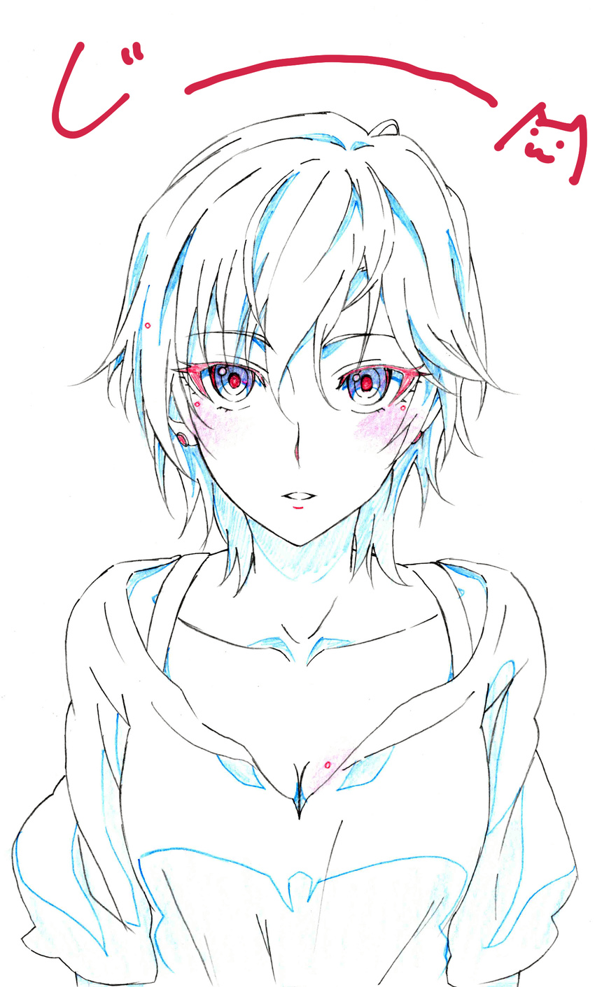 anastasia_(idolmaster) blue_eyes breasts cleavage color_trace colored_pencil_(medium) echigo_mitsutaka graphite_(medium) highres idolmaster idolmaster_cinderella_girls looking_at_viewer short_hair sketch small_breasts solo traditional_media