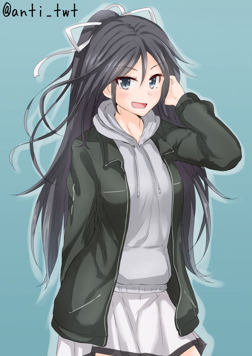 anti_(untea9) black_hair blue_eyes casual commentary_request hair_ribbon highres hood jacket kantai_collection katsuragi_(kantai_collection) long_hair looking_at_viewer open_mouth ponytail ribbon smile solo sweatshirt twitter_username white_ribbon