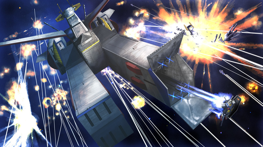 bad_id bad_pixiv_id battle beam_rifle cannon damaged door energy_beam energy_gun explosion flying gundam hangar hatch i.t.o_daynamics laser_beam launch launch_pad launching mecha mobile_suit_gundam no_humans realistic rx-78-2 science_fiction shield space space_craft war weapon white_base