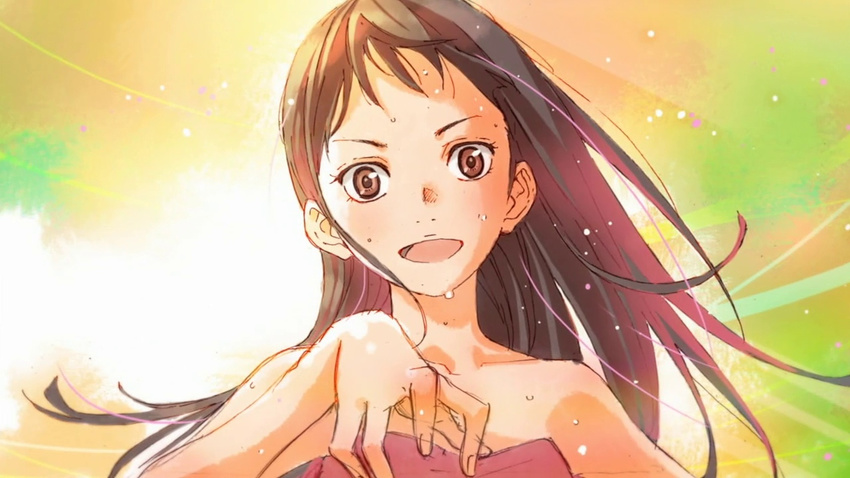 :d bare_arms bare_shoulders black_hair brown_eyes brown_hair igawa_emi long_hair looking_at_viewer official_art open_mouth portrait shigatsu_wa_kimi_no_uso smile solo straight_hair strapless sweat