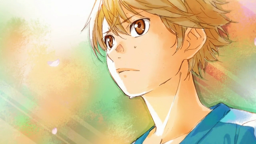 brown_eyes brown_hair closed_mouth frown light_rays looking_afar looking_to_the_side male_focus official_art petals portrait serious shigatsu_wa_kimi_no_uso shirt solo sweat t-shirt watari_ryouta