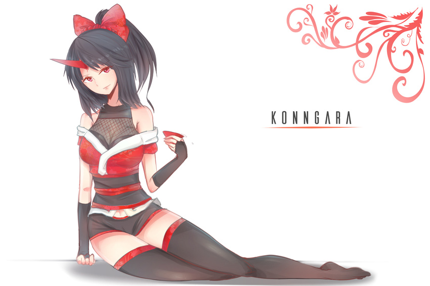 alternate_costume black_hair black_legwear bow character_name cup fingerless_gloves gloves hair_bow highres horn konngara looking_at_viewer red_eyes sakazuki sanzuri solo thighhighs touhou touhou_(pc-98)