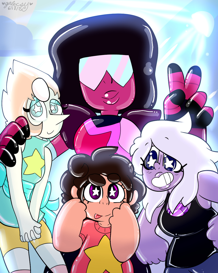 afro alien amethyst_(steven_universe) breasts cleavage clothed clothing crystal_gem cute eyewear female galecsy garnet_(steven_universe) gem_(species) grin human humanoid looking_at_viewer male mammal pearl_(steven_universe) smile steven_quartz_universe steven_universe sunglasses teeth