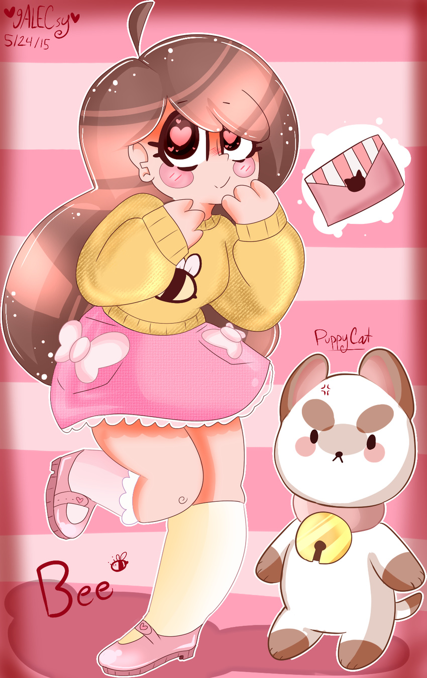 &lt;3 &lt;3_eyes ambiguous_gender bee_(bap) bee_and_puppycat bell blush canine cat clothing collar cute dog feline female footwear galecsy hair human hybrid legwear long_hair mail mammal puppycat shoes skirt smile stockings