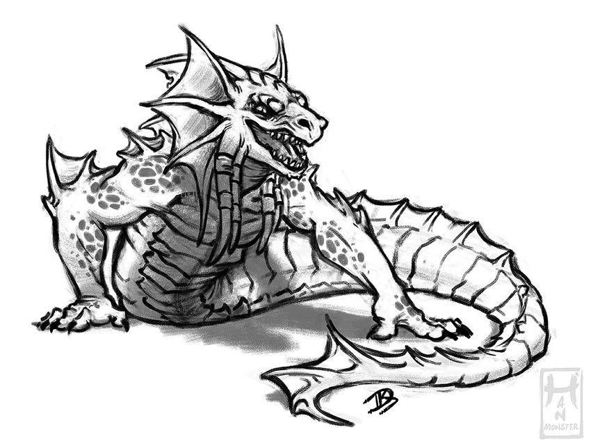 2015 fangs hanmonster jewelry looking_at_viewer male monochrome naga sketch snarling solo