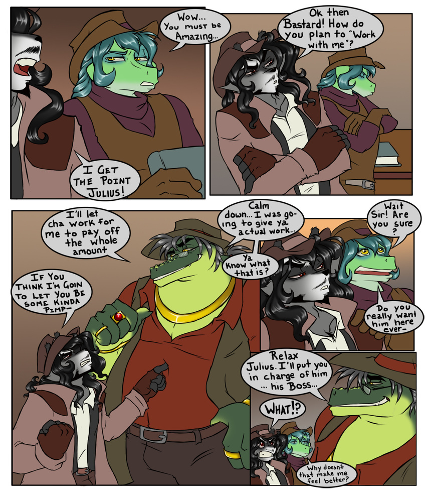 alligator anthro book clothed clothing comic darkpenguin desk english_text eyewear glasses grin group hat inside jewelry lizard male mammal raccoon red_eyes reptile scalie text yellow_eyes