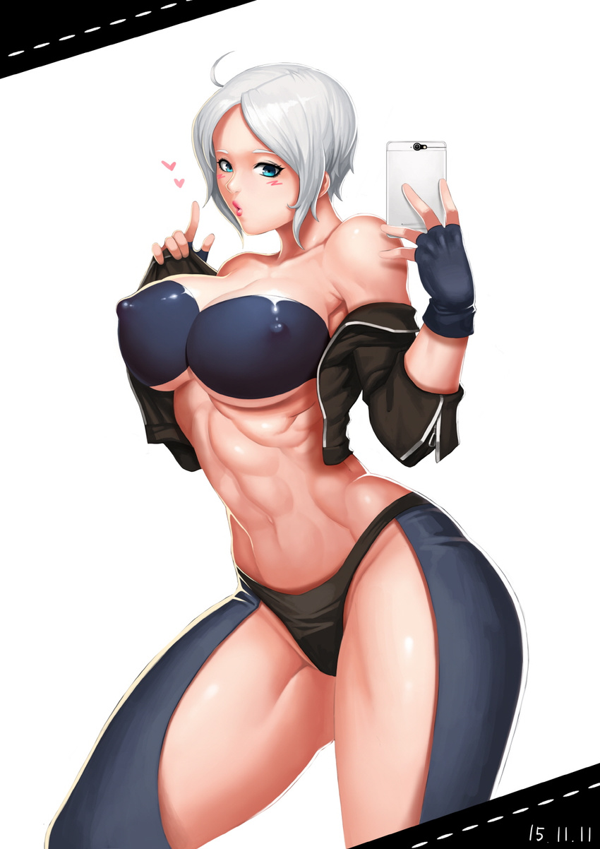 2015 abs ah-lyong_lee ahoge angel_(kof) bare_shoulders black_jacket black_panties blue_bra blue_eyes blue_gloves blush bra breasts cellphone chaps cleavage covered_nipples cropped_jacket dated fingerless_gloves gloves hair_over_one_eye heart highres holding index_finger_raised jacket jacket_lift large_breasts lifted_by_self navel panties phone self_shot short_hair silver_hair simple_background sleeves_folded_up solo standing taking_picture the_king_of_fighters toned underboob underwear white_background white_hair