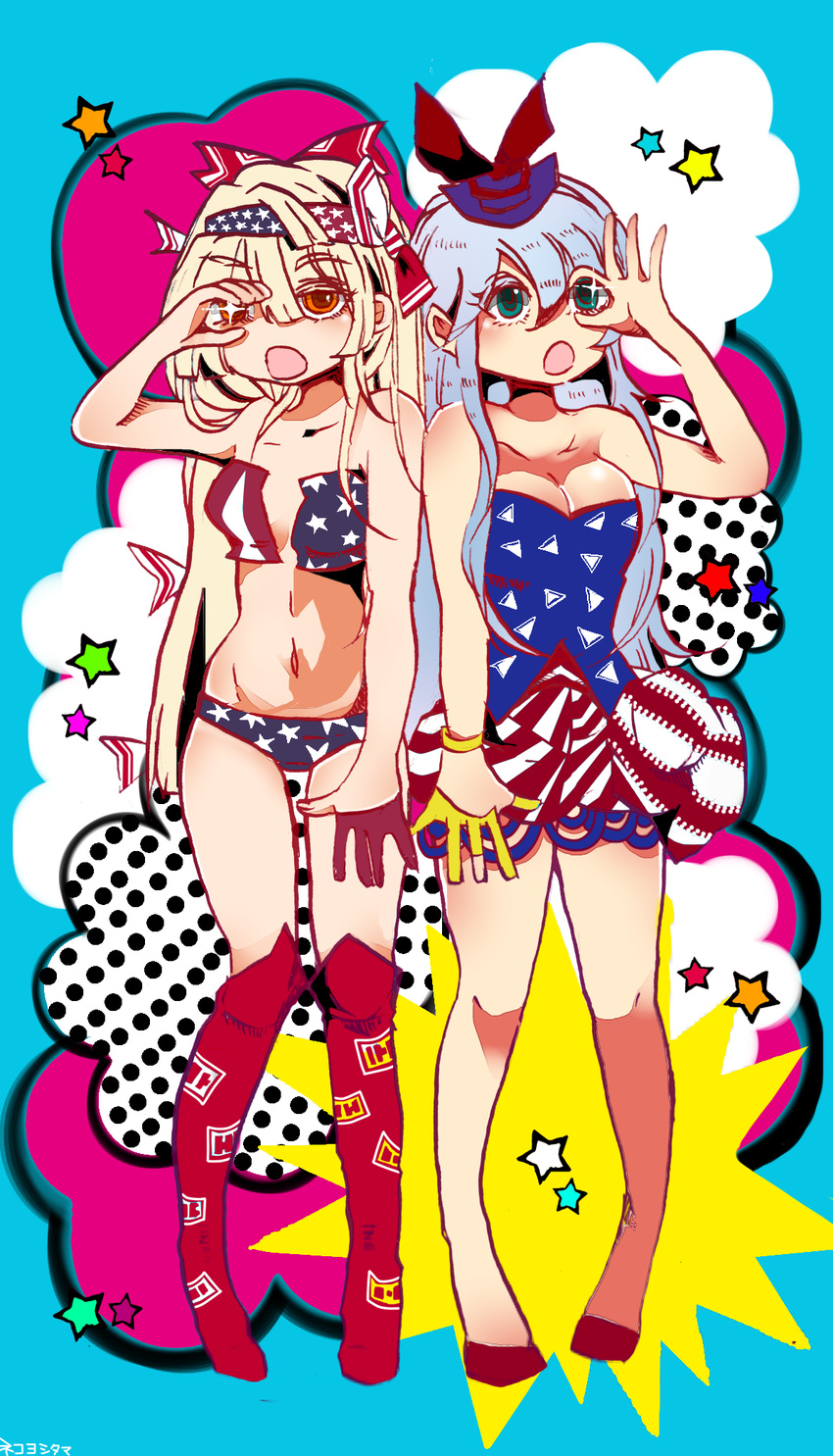 alternate_costume alternate_eye_color alternate_hair_color american_flag_dress american_flag_panties bandana blonde_hair blue_background blue_eyes blue_hair boots bow breasts bridgeless_bra brown_eyes cleavage cloud colored_eyelashes commentary_request dress flag_print fujiwara_no_mokou full_body hair_bow hand_gesture hand_over_eye hat highres kamishirasawa_keine kaneda_tamago knee_boots long_hair looking_at_viewer looking_up multiple_girls open_mouth pigeon-toed polka_dot pop_art pose red_footwear ribbon_trim shoes short_dress simple_background small_breasts sparkle star touhou very_long_hair