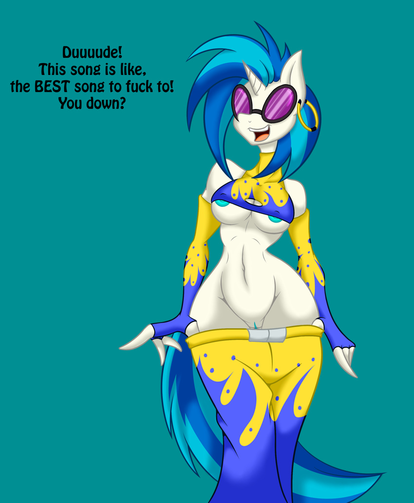 2015 anthro areola big_breasts breasts english_text equine erect_nipples female friendship_is_magic horn jrvanesbroek mammal my_little_pony nipples pussy solo text under_boob unicorn vinyl_scratch_(mlp)