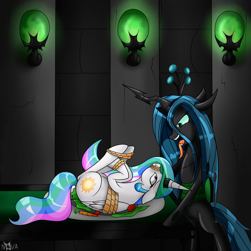 changeling cutie_mark dinner_plate duo equine fangs female friendship_is_magic fur green_eyes hair hi_res horn horse inside mammal multicolored_hair my_little_pony novaspark open_mouth pony princess_celestia_(mlp) queen_chrysalis_(mlp) smile teeth tideup tongue two_tone_hair vore white_fur winged_unicorn wings