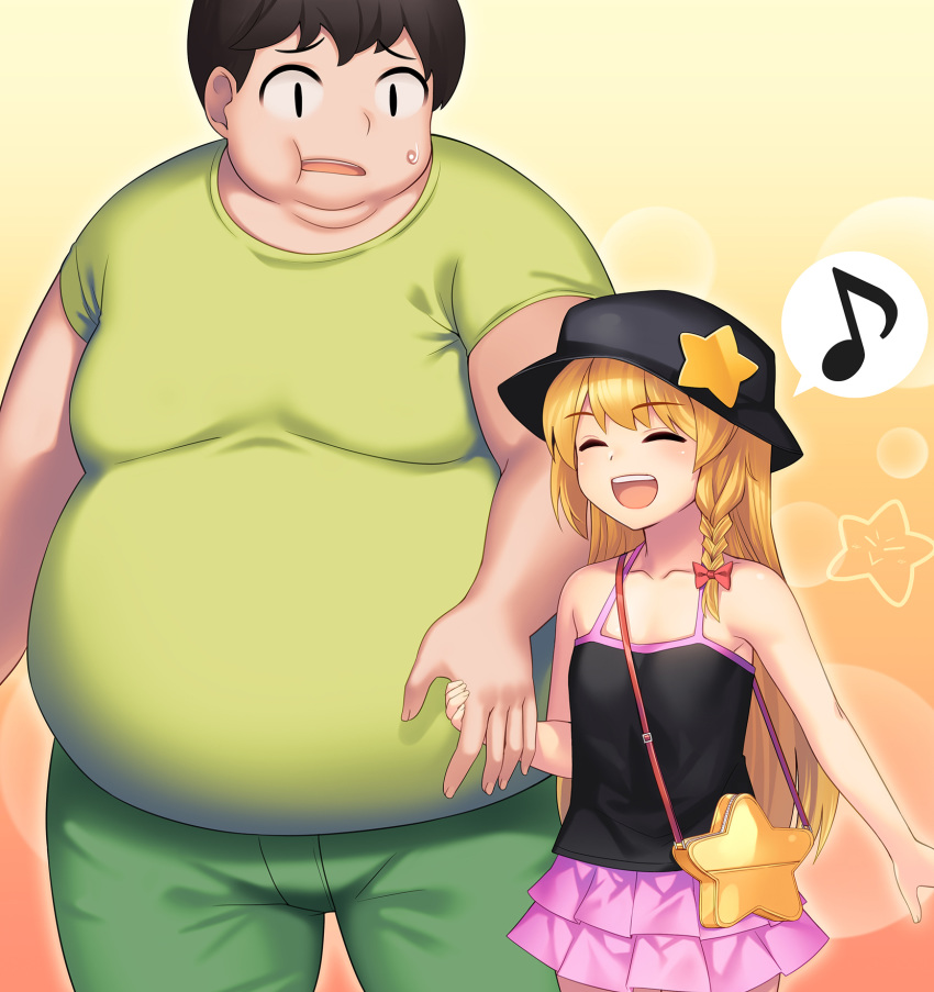 1girl bag black_hat blonde_hair blush bow braid closed_eyes collarbone cookie_(touhou) eyebrows_visible_through_hair facing_another fat fat_man flat_chest hair_bow handbag hat height_difference highres holding_hand long_hair looking_at_viewer musical_note open_mouth pink_skirt red_bow short_hair skirt smile spoken_musical_note star suzu_(cookie) suzuki_(cookie) tarmo touhou ugly_man