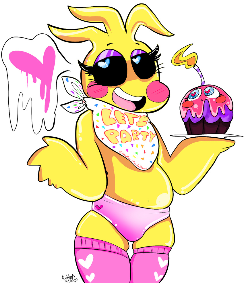 &lt;3 &lt;3_eye ambiguous_gender animatronic avian bird blush candle chicken clothing cupcake cupcake_(fnaf) female five_nights_at_freddy's five_nights_at_freddy's_2 food galecsy invalid_tag legwear machine open_mouth robot smile solo stockings text toy_chica_(fnaf) video_games