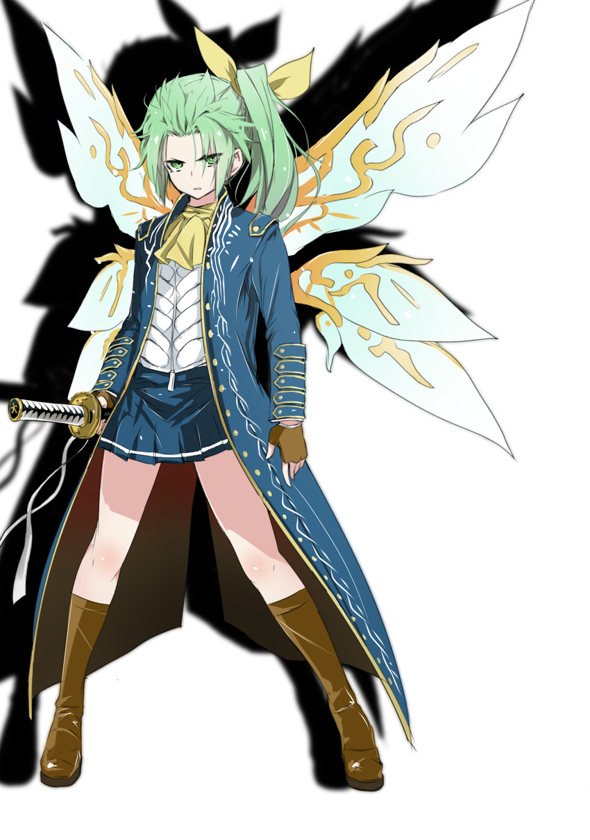 alternate_costume bow coat cosplay daiyousei death2990 devil_may_cry devil_may_cry_3 fairy_wings green_eyes green_hair hair_bow hair_ribbon highres katana open_mouth ribbon serious short_hair side_ponytail skirt solo sword touhou vergil vergil_(cosplay) weapon wings