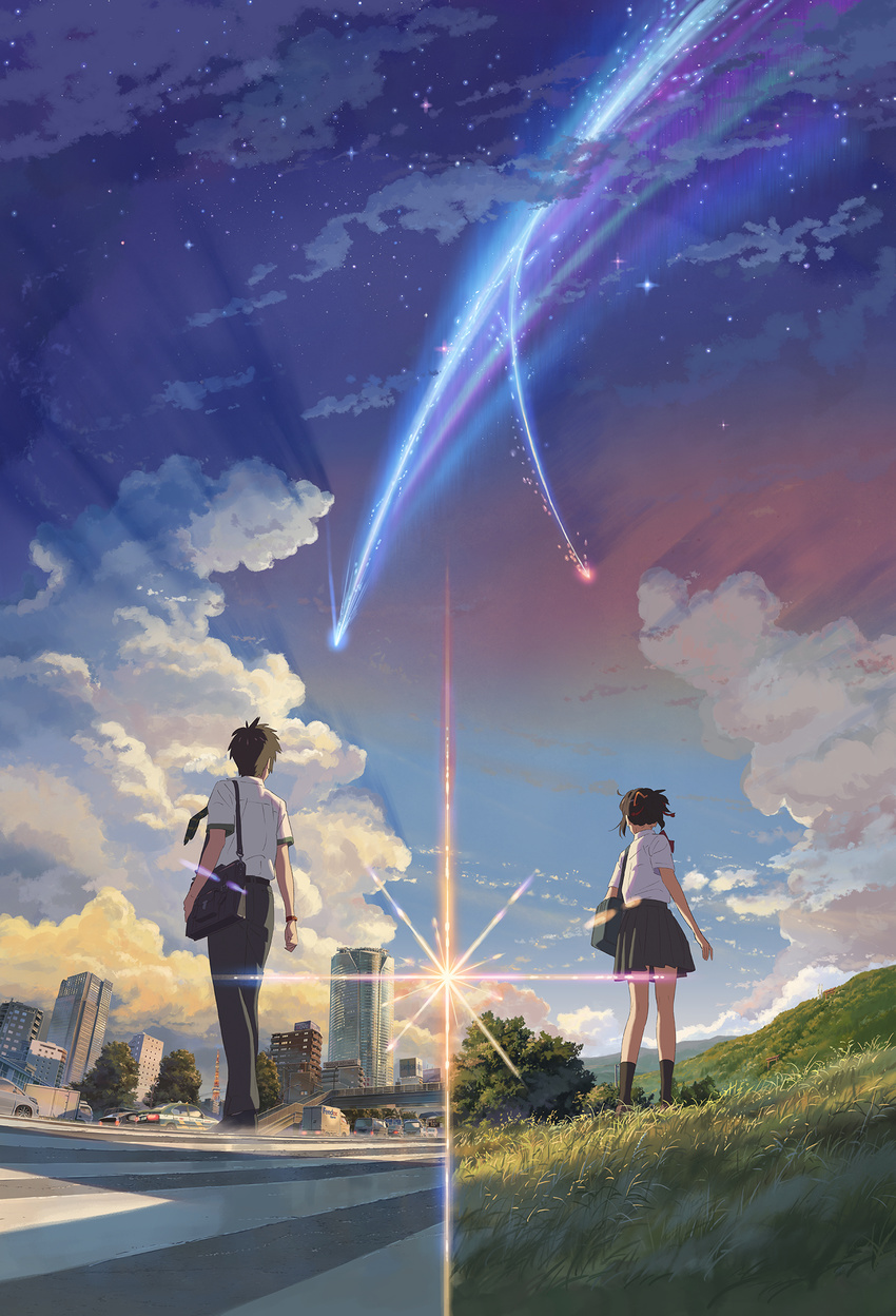 1girl bag brown_hair building car cityscape cloud comet crosswalk diffraction_spikes fedex from_behind grass green_neckwear ground_vehicle hair_ribbon highres hill kimi_no_na_wa landscape lens_flare miyamizu_mitsuha motor_vehicle necktie official_art overpass pants red_ribbon ribbon school_bag school_uniform shinkai_makoto skirt sky skyscraper star_(sky) starry_sky tachibana_taki taxi tree truck