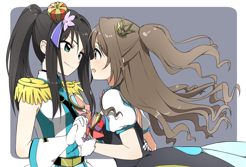 &gt;:) aqua_eyes black_hair brown_eyes brown_hair crown crystal_night_party dress epaulettes eye_contact from_side gloves half_updo hand_on_another's_hip holding_hands idolmaster idolmaster_cinderella_girls long_hair looking_at_another mini_crown multiple_girls naraba_yueni one_side_up open_mouth ponytail profile puffy_short_sleeves puffy_sleeves shibuya_rin shimamura_uzuki shine!! short_sleeves smile star!! v-shaped_eyebrows white_gloves yuri