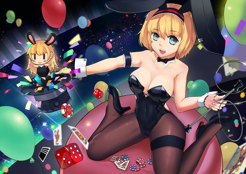 :&gt; :d alice_margatroid animal_ears arm_cuffs balloon bangs bare_legs bare_shoulders black_bow black_footwear black_legwear black_leotard black_neckwear blonde_hair blue_eyes blush bow bowtie breasts bunny_ears bunnysuit cameltoe card chibi cleavage collarbone confetti covered_navel cross-laced_clothes detached_collar dice eyebrows eyebrows_visible_through_hair fake_animal_ears falling_card from_above hairband hat hat_removed headwear_removed high_heels holding holding_hat jewelry joker large_breasts leotard long_hair looking_at_viewer magician minigirl multiple_girls open_mouth pantyhose playing_card poker_chip ring shoes short_hair smile stick striped teeth thigh_strap top_hat touhou tsubasa19900920 wrist_cuffs