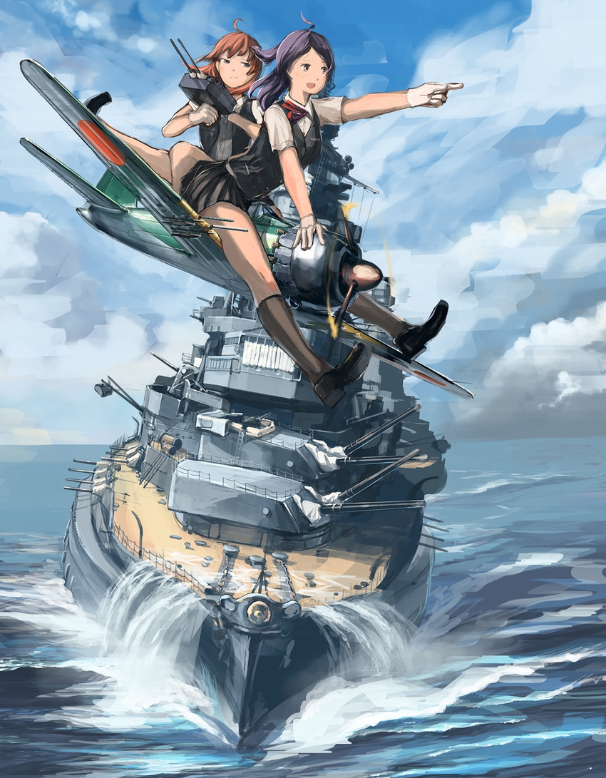 aircraft airplane arashi_(kantai_collection) battleship doraxi gloves hagikaze_(kantai_collection) highres kantai_collection long_hair military military_vehicle multiple_girls multiple_riders nagato_(battleship) neck_ribbon purple_hair red_hair red_ribbon ribbon school_uniform sea_spray ship side_ponytail sidesaddle skirt smile turret vest warship watercraft