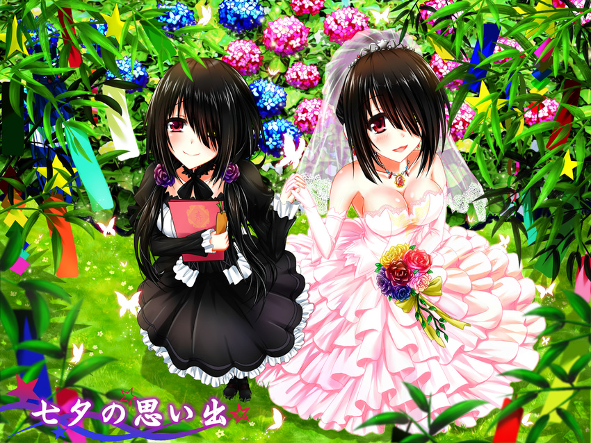 black_hair blue_flower blue_rose book breasts cleavage date_a_live dress dual_persona flower from_above gothic_lolita hair_ornament hair_over_one_eye heterochromia highres holding holding_book holding_flower holding_hands hydrangea interlocked_fingers jewelry lolita_fashion long_hair looking_at_viewer medium_breasts multiple_girls necklace pink_dress pink_wedding_dress red_eyes red_flower red_rose rose smile strapless strapless_dress tanabata tanzaku tokisaki_kurumi tsubasaki wedding_dress yellow_flower yellow_rose