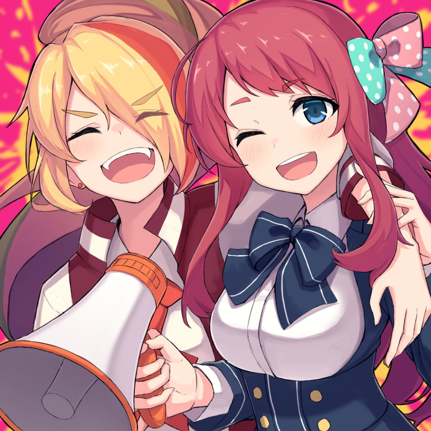 2girls ahoge blonde_hair blue_eyes bow earrings hair_ornament hair_over_one_eye highres holding_megaphone jacket jewelry letterman_jacket long_hair looking_at_viewer megaphone minamoto_sakura multicolored_hair multiple_girls nikaidou_saki open_mouth polka_dot polka_dot_bow red_hair school_uniform smile streaked_hair stud_earrings teeth underbust wozora03 zombie_land_saga