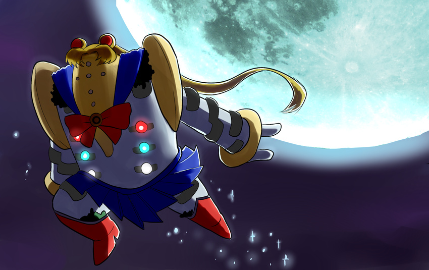 blue_sailor_collar blue_skirt boots cosplay gen_4_pokemon glowing highres knee_boots moon no_humans pokemon pokemon_(creature) red_legwear regigigas regigigass sailor_collar sailor_moon sailor_moon_(cosplay) sailor_senshi_uniform skirt