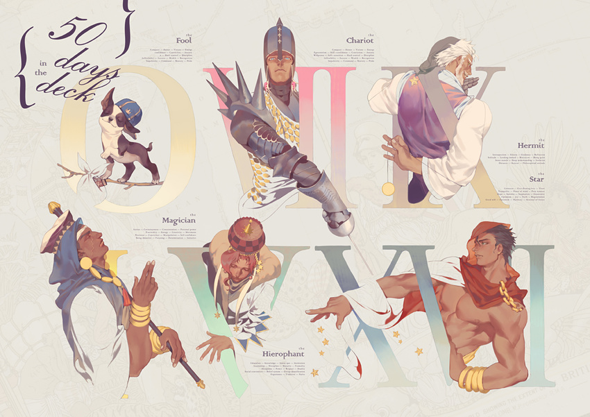 arm_behind_back armor bare_chest beard black_hair branch chain checkered chewing_gum closed_eyes dark_skin dark_skinned_male dog earrings facial_hair gauntlets hat headdress helmet iggy_(jojo) jean_pierre_polnareff jewelry jojo_no_kimyou_na_bouken joseph_joestar kakyouin_noriaki kuujou_joutarou male_focus mechanical_hand mohammed_avdol multiple_boys muscle rapier red_hair rei_(sanbonzakura) roman_numerals scarf scepter shoulder_spikes spikes star stardust_crusaders sword weapon white_hair wrist_cuffs