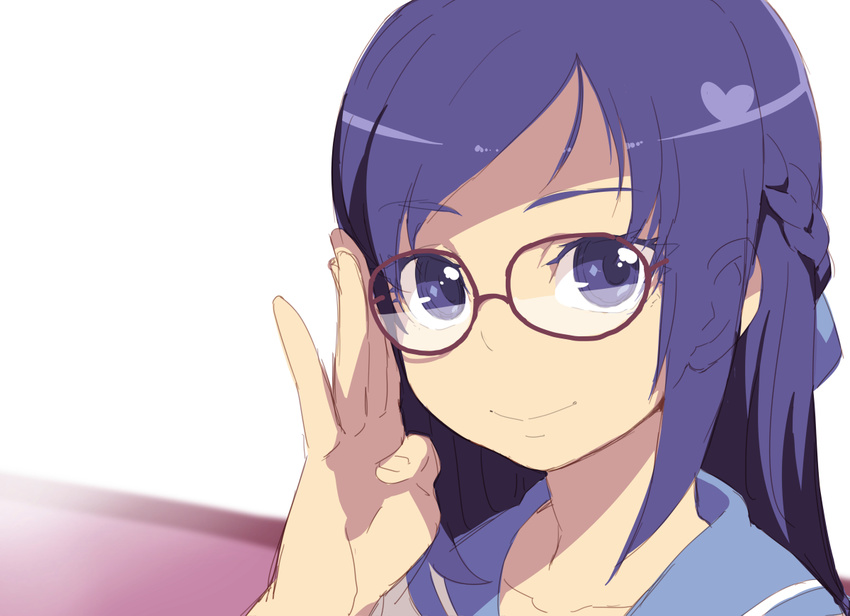 adjusting_eyewear blue_eyes blue_hair blue_sailor_collar blush dokidoki!_precure glasses hishikawa_rikka long_hair looking_at_viewer precure sailor_collar school_uniform sketch smile solo tasaka_shinnosuke