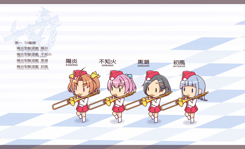 alternate_costume black_hair blue_hair brown_hair character_name chibi garrison_cap hair_ornament hairclip hat hatsukaze_(kantai_collection) instrument isometric kagerou_(kantai_collection) kantai_collection kuroshio_(kantai_collection) long_hair marching_band multiple_girls nakaaki_masashi pink_hair ponytail shiranui_(kantai_collection) short_hair trombone twintails