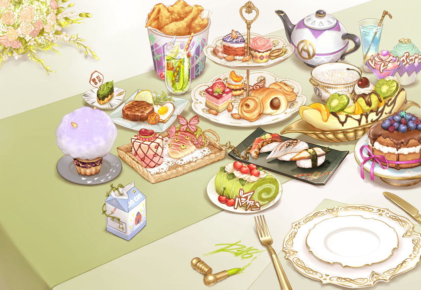 banana banana_split beef bucket bucket_of_chicken butter_knife cake chain cherry chocolate chocolate_cornet cookie cupcake dessert drink egg esha flower food fork fried_chicken fruit glass highres ice ice_cream ice_cube jojo_no_kimyou_na_bouken kiwifruit lemon lipstick_tube milk_carton nigirizushi no_humans objectification original peace_symbol peach plant plate rose still_life sushi swiss_roll tablecloth teapot tiered_tray vines