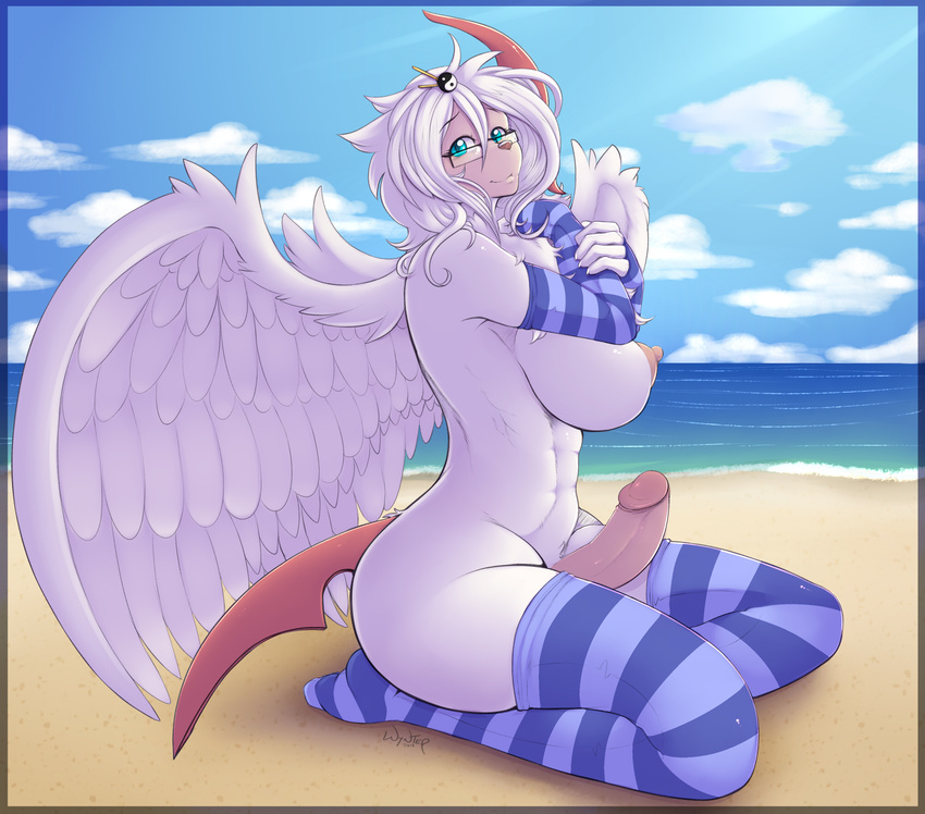 2015 absol anthro beach big_breasts blue_eyes breasts clothing cloud dickgirl elbow_gloves erection eyewear glasses gloves hair intersex kneeling legwear looking_at_viewer mega_absol mega_evolution nintendo nipples outside penis pok&eacute;mon seaside shyama sky smile solo striped_legwear stripes thigh_highs video_games white_hair wings wyntersun