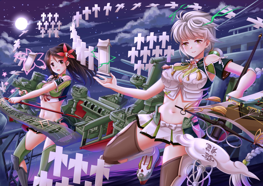 :d amagi_(kantai_collection) braid breasts brown_eyes brown_hair electricity flower full_moon hair_flower hair_ornament kantai_collection large_breasts long_hair machinery midriff mole mole_under_eye moon multiple_girls onmyouji open_mouth silver_hair single_braid smile staff thighhighs unryuu_(kantai_collection) very_long_hair villyane yellow_eyes