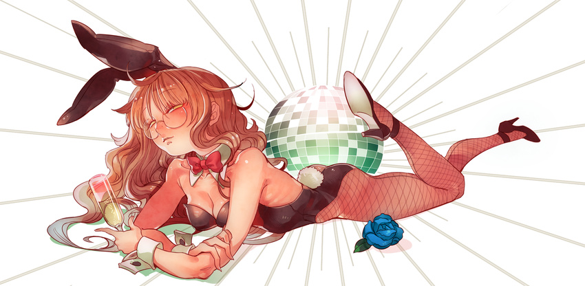 alcohol animal_ears ankle_strap ass black_footwear blue_flower blue_rose breasts brown_hair bunny_ears bunny_girl bunny_tail bunnysuit champagne cleavage cup detached_collar disco_ball drinking_glass fake_animal_ears fishnet_pantyhose fishnets flower freckles full_body glasses hayasaka high_heels highres leg_up light_rays long_hair looking_at_viewer lying md5_mismatch no_pupils on_stomach original pantyhose parted_lips rose shoes simple_background skinny small_breasts solo tail white_background wine_glass wrist_cuffs yellow_eyes