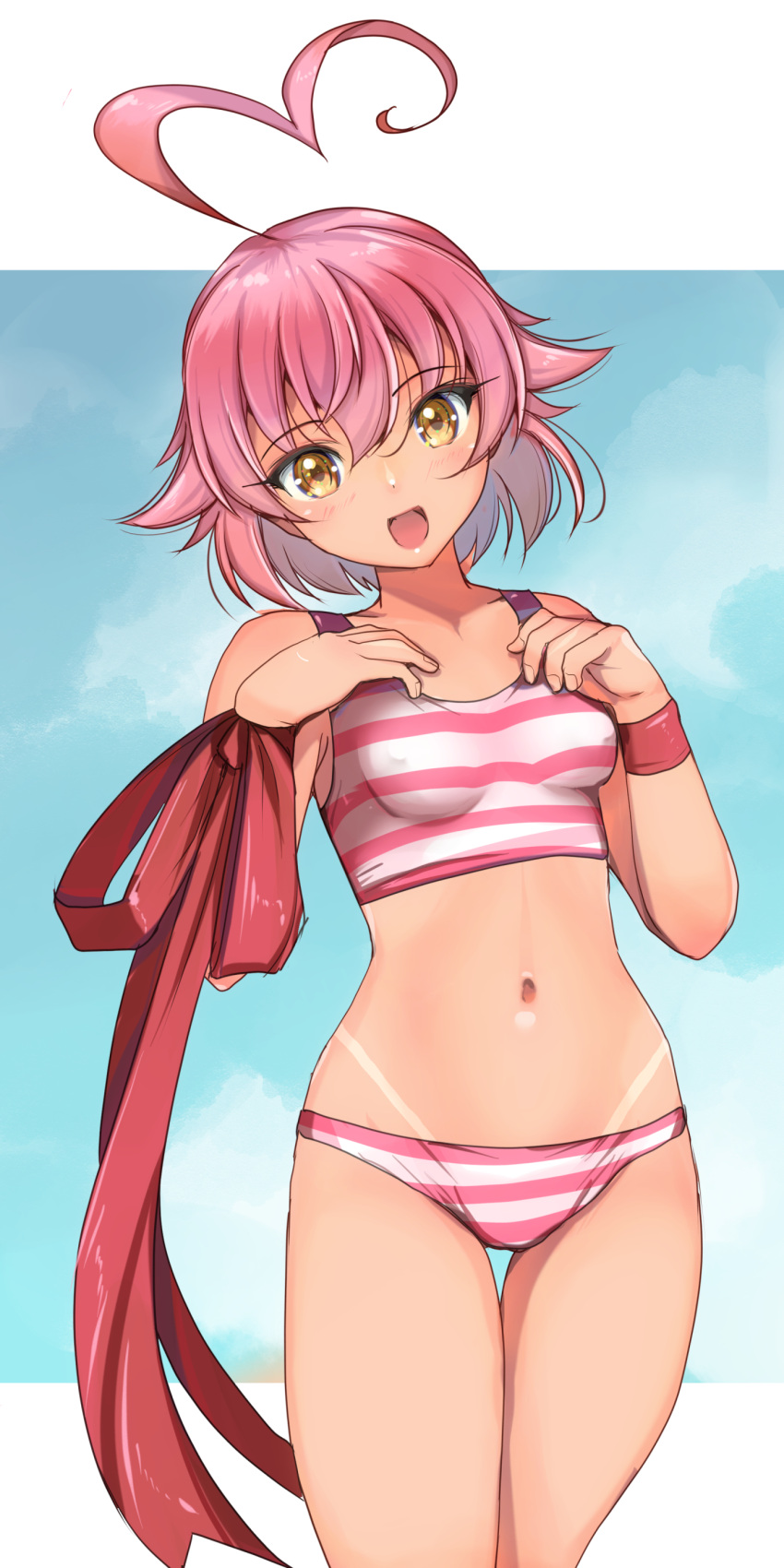 1girl absurdres ahoge aino_heart arcana_heart breasts commentary_request gradient_hair hair_flaps heart heart_ahoge highres multicolored_hair pink_hair red_ribbon ribbon short_hair small_breasts smile solo standing striped_ahoge tan tanlines translation_request yashin_(yasinz) yellow_eyes