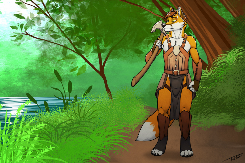 axe canine forest fox mammal melee_weapon red_fox solo tree tsaiwolf weapon werefox