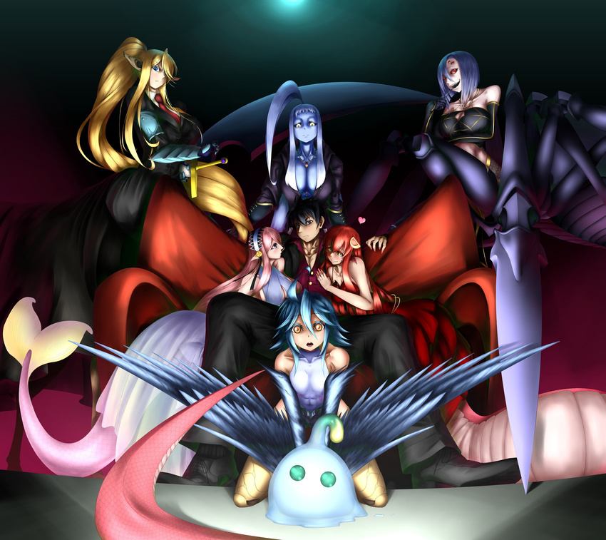 6+girls abs absurdres ahoge animal_ears arachne bare_shoulders black_hair black_sclera blonde_hair blue_eyes blue_skin blue_wings breasts brown_eyes carapace centaur centorea_shianus claws cleavage collarbone commentary_request covered_navel detached_sleeves dress dullahan everyone extra_eyes eyes_visible_through_hair feathered_wings feathers finger_to_mouth formal gauntlets goo_girl green_eyes hair_between_eyes hair_ornament hair_over_one_eye hairclip hand_on_another's_chest harem harpy head_fins heart highres horse_ears huge_ahoge insect_girl jewelry kon'iro_(godzilla0725) kurusu_kimihito lala_(monster_musume) lamia lavender_hair long_hair medium_breasts mermaid meroune_lorelei miia_(monster_musume) monster_girl monster_musume_no_iru_nichijou multiple_girls multiple_legs necklace necktie papi_(monster_musume) pink_hair pointy_ears ponytail rachnera_arachnera red_dress red_eyes red_hair scales sharp_teeth sheath sheathed short_hair sidelocks slit_pupils smile spider_girl suit suu_(monster_musume) sword teeth very_long_hair weapon white_hair wings yellow_eyes