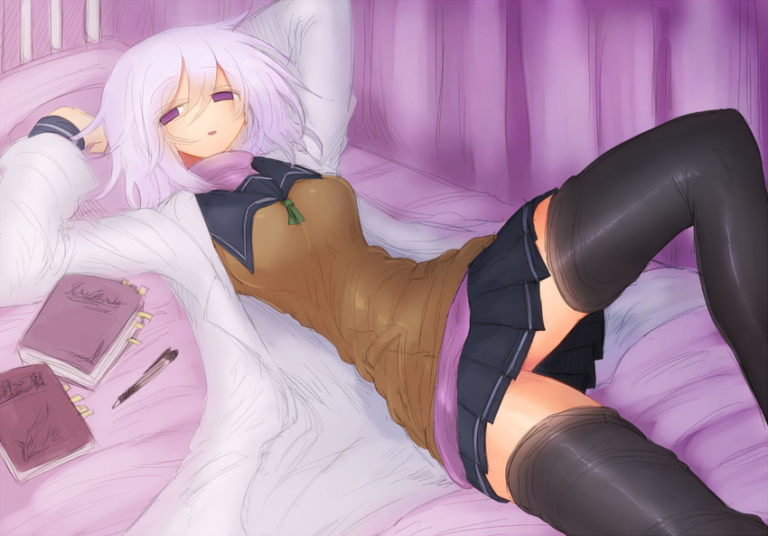 bed black_legwear breasts commentary_request kyuusui_gakari labcoat looking_at_viewer lying open_mouth original pleated_skirt purple_eyes school_uniform serafuku short_hair skirt smile solo suzuno_oto_kogara thighhighs turtleneck white_hair