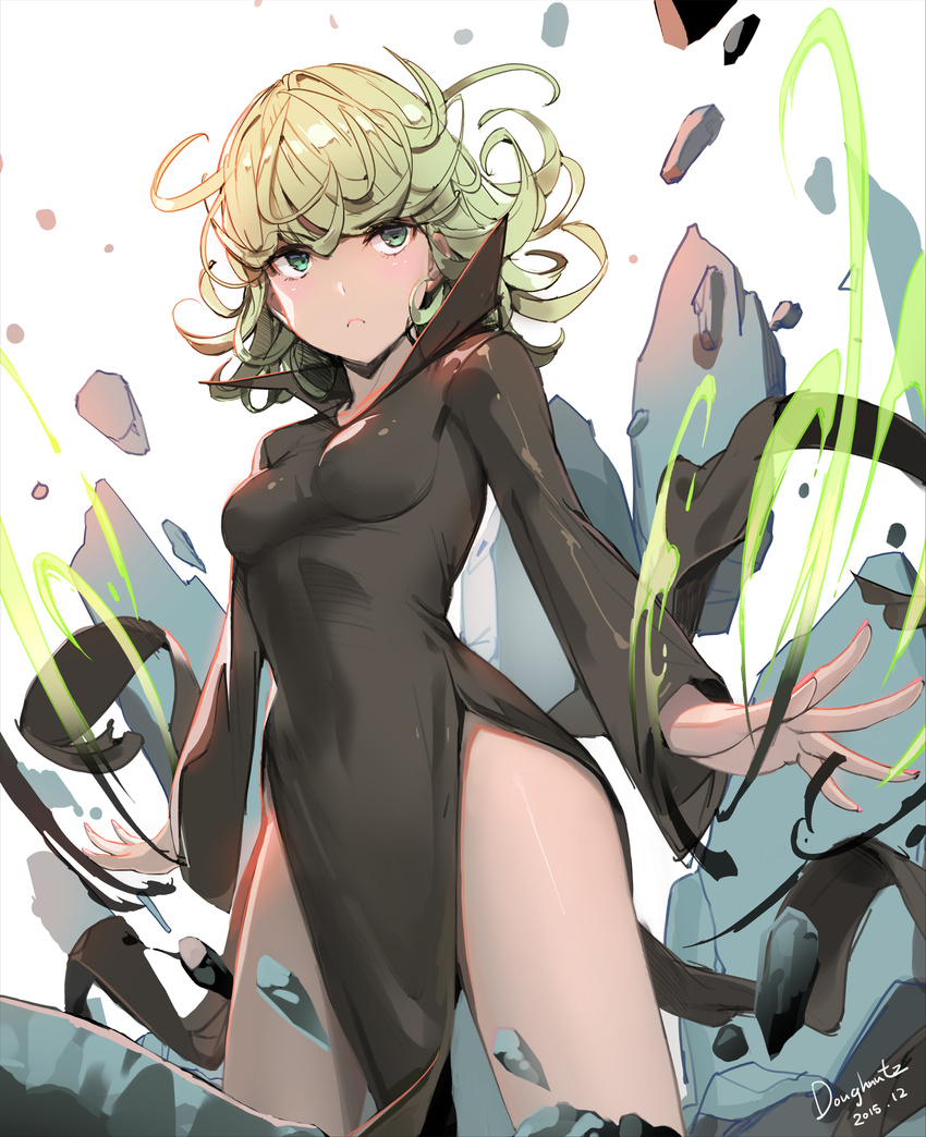 absurdres bare_legs black_dress breasts concrete curly_hair dress floating_rock green_eyes green_hair highres one-punch_man short_hair small_breasts solo standing tatsumaki telekinesis ting_chan