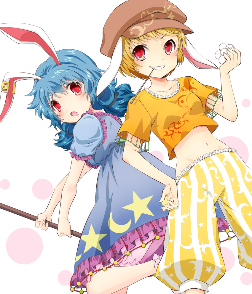 animal_ears back-to-back blonde_hair bloomers blue_dress blue_hair blush bunny_ears dango dress dutch_angle flat_cap floppy_ears food grin hammer hat highres komiru looking_at_viewer low_twintails midriff mouth_hold multiple_girls navel open_mouth orange_shirt pants puffy_sleeves red_eyes ringo_(touhou) seiran_(touhou) shirt short_hair short_sleeves smile touhou twintails underwear wagashi white_background