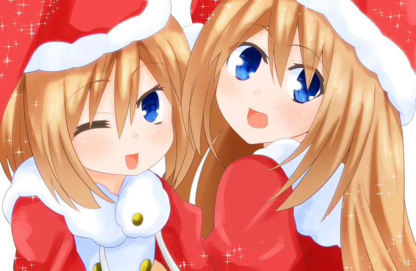 bad_id bad_pixiv_id blue_eyes brown_hair christmas hat long_hair multiple_girls neptune_(series) niwaka_potato one_eye_closed open_mouth ram_(choujigen_game_neptune) rom_(choujigen_game_neptune) short_hair siblings sisters smile twins