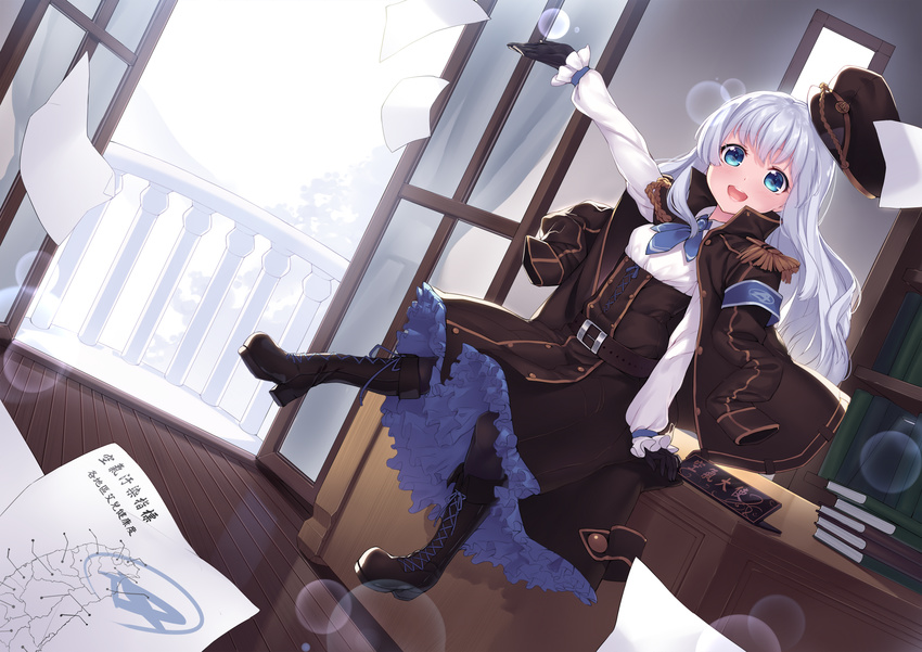 balcony blue_eyes book boots desk gloves highres kuuki_shoujo long_hair long_sleeves looking_at_viewer on_desk open_door open_mouth pantyhose paper petticoat shirt sitting sitting_on_desk skirt smile solo the_personification_of_atmosphere uniform white_hair yaguo