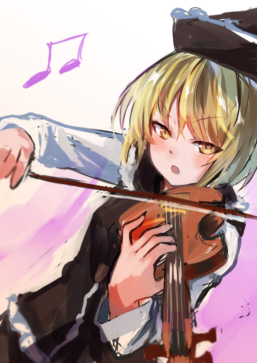 :o absurdres amamitsu_kousuke beamed_eighth_notes black_hat black_skirt black_vest blonde_hair blush gradient gradient_background hat highres instrument long_sleeves lunasa_prismriver music musical_note open_mouth parted_lips playing_instrument purple_background short_hair skirt solo touhou vest violin violin_bow white_background yellow_eyes